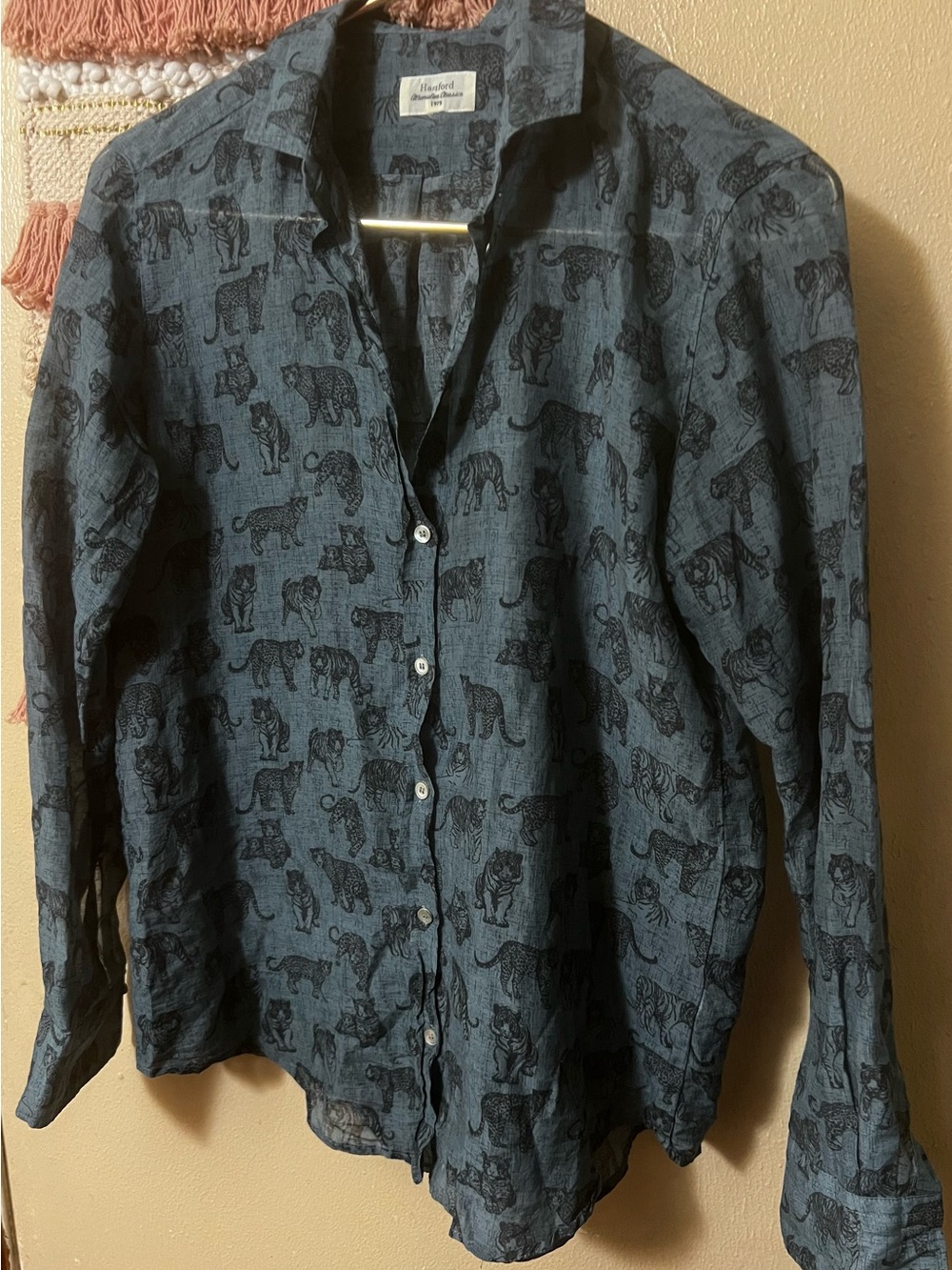 Hartford Blue Printed Button-Up Shirt with Black Animal Motif